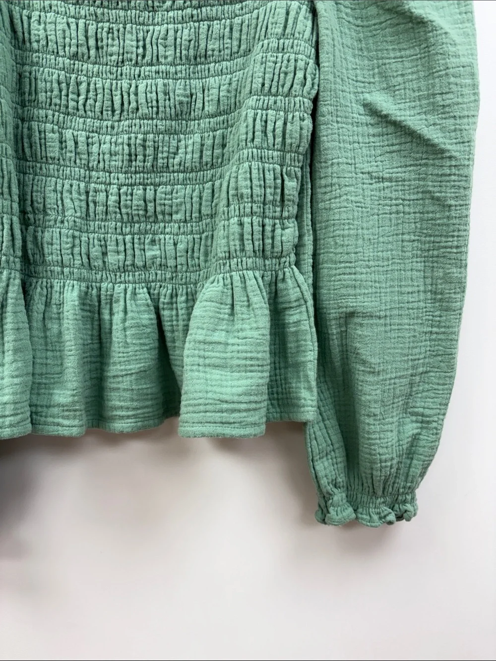 J. Crew Smocked Puff Sleeve Square Neck Woven Blouse Seafoam Green XS